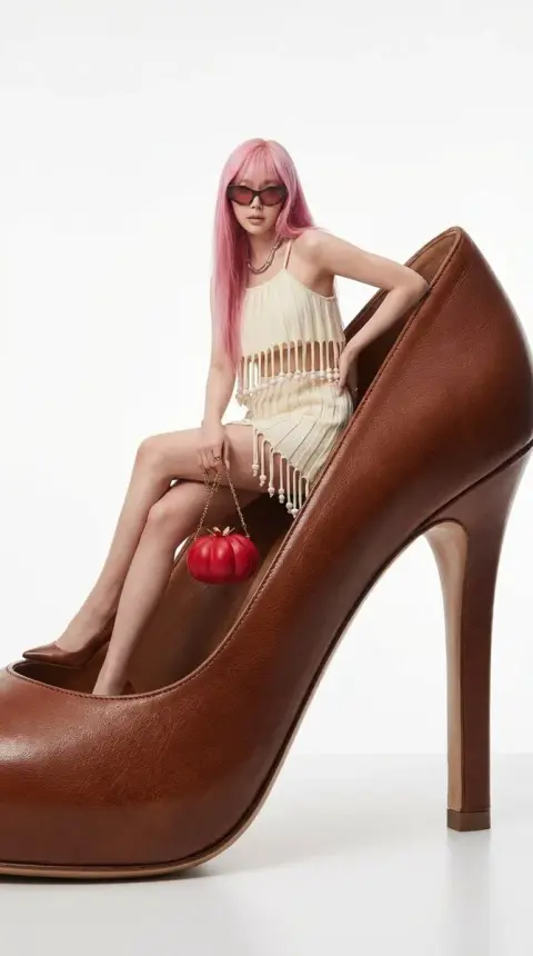 Luxury blockbuster girl sitting on giant high heels