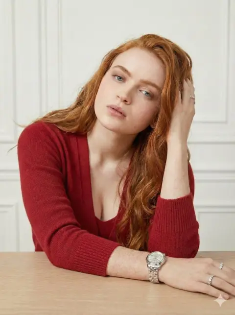 Luxury fashion magazine shoot of red-haired girl in red dress