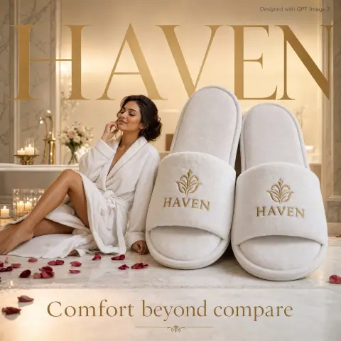 Luxury hotel advertising poster white bathrobe huge slippers