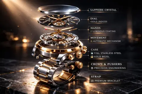 Luxury mechanical watch advertising and structural exploded view