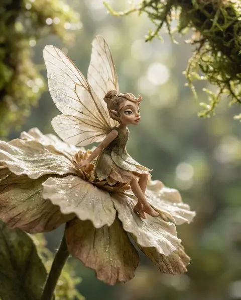 Macro close-up of the shimmering elf in the flower's stamens