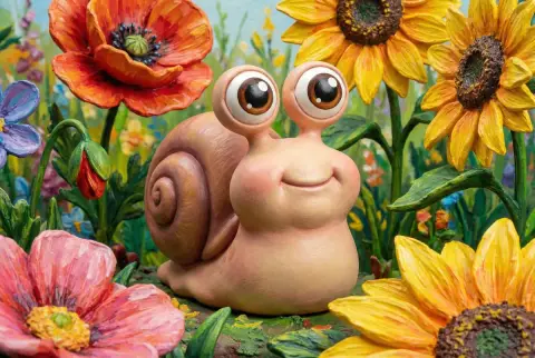 Macro close-up of cute snail with big eyes among giant flowers