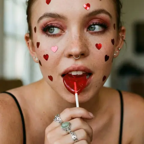 Macro close-up of pure desire biting a heart-shaped candy