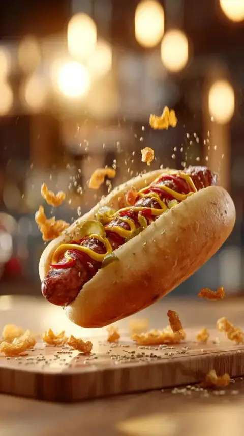 Macro delicious hot dog with flying sauce