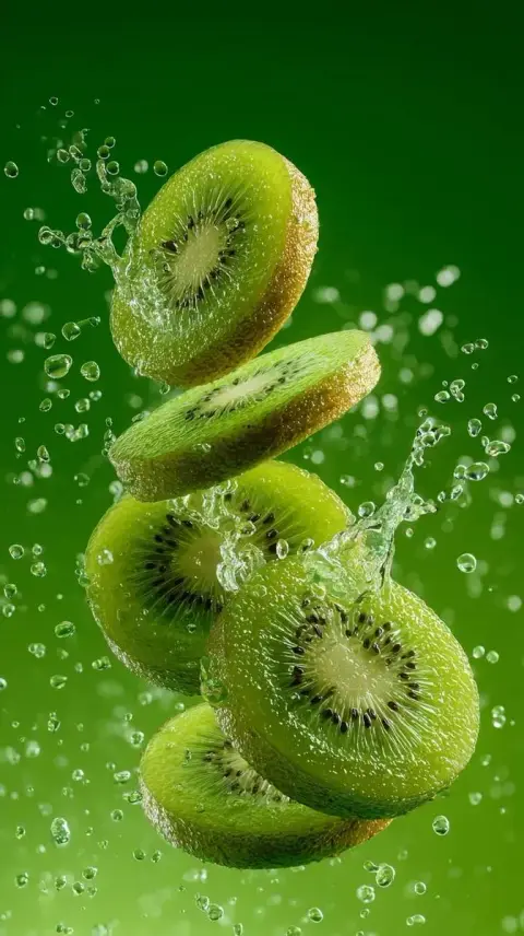 Macro photography of fresh green kiwi water droplets splashing