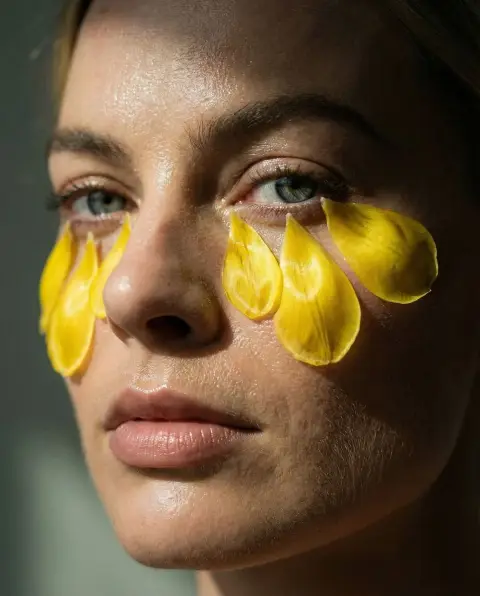 Macro surreal portrait of petals condensed into tears
