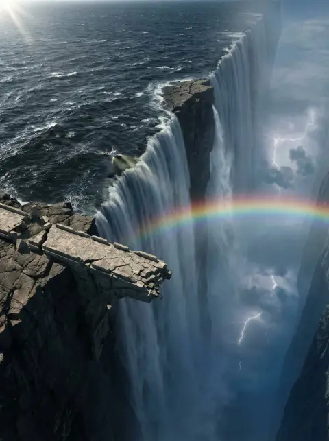 Magnificent sea waterfalls and ancient ruins at the end of the world