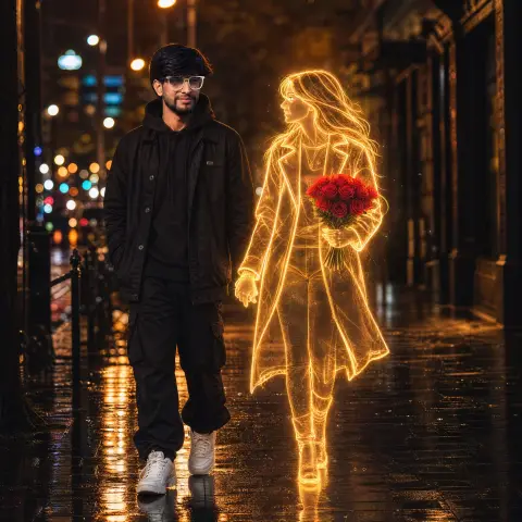 Man holding hands with glowing holographic woman on the street on a rainy night