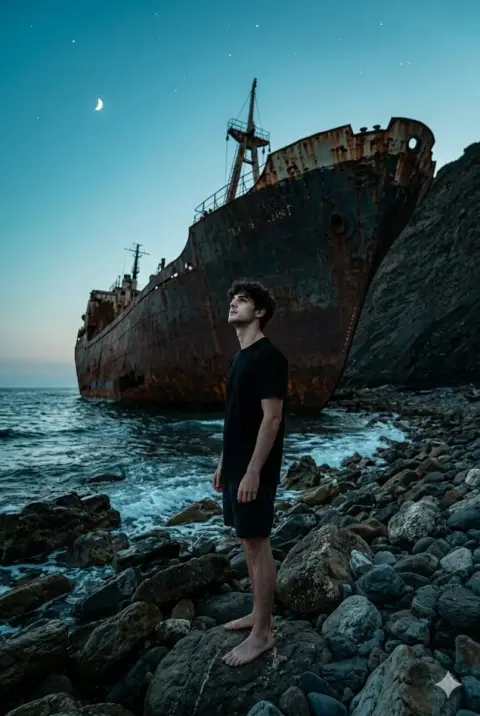 Man looking up at the wreckage of the giant ship at twilight beach
