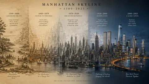 Manhattan skyline evolves across time and space triptych axis