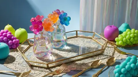 Maximalist liquid glass still life photography