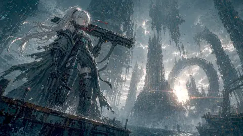 Mecha girl stands in the abandoned sea city