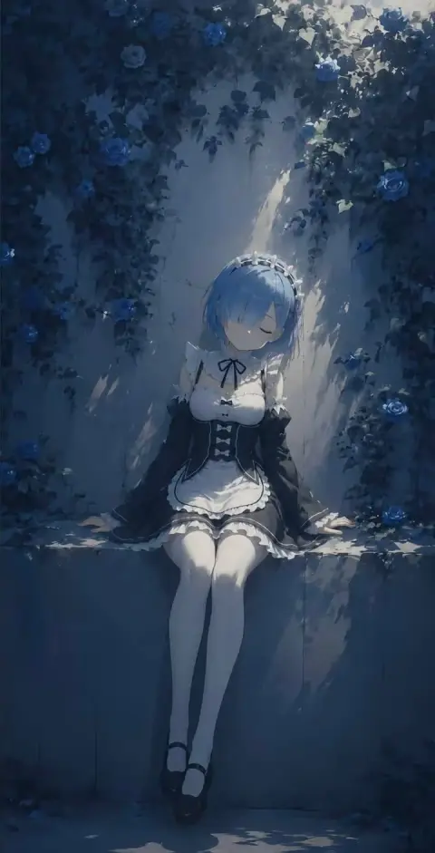 Melancholic anime girl with long silver hair and purple eyes on the background of stone bench
