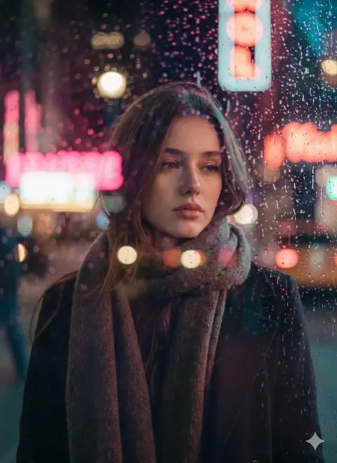 Melancholic girl behind the glass window on a rainy night