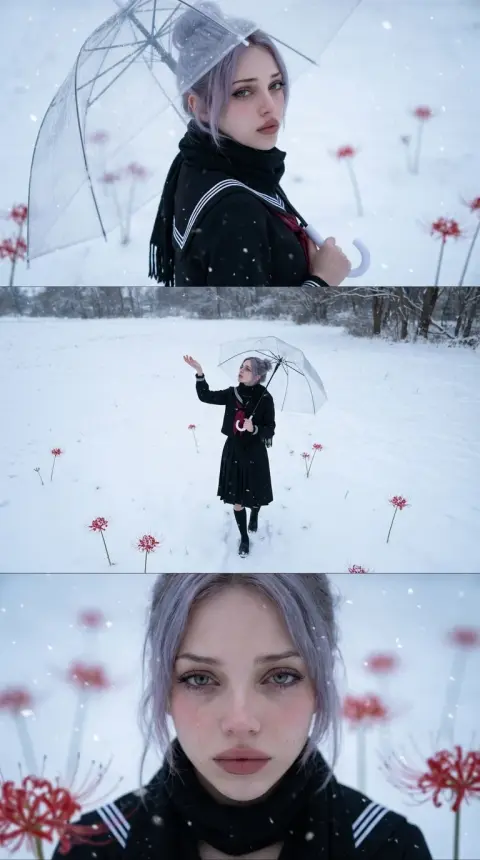 Melancholic Snowfield Portrait with Red Spider Lilies