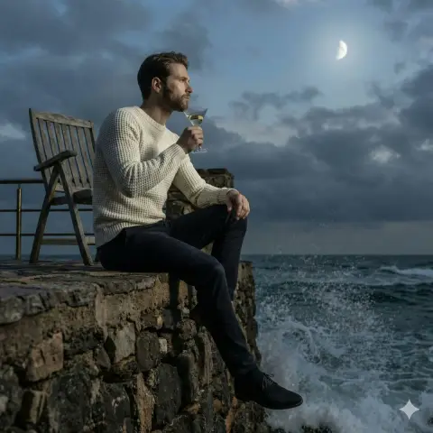 Melancholy cinematic realistic portrait of a man holding a martini on a cloudy seaside terrace