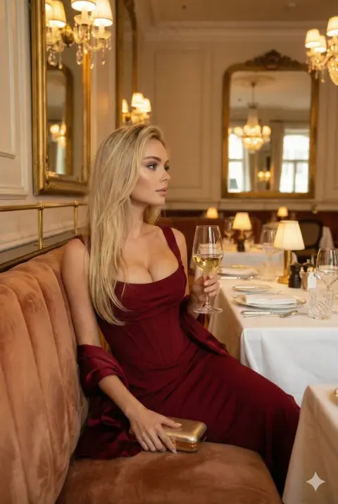 Mellow burgundy velvet dress and quiet time at luxurious dinner