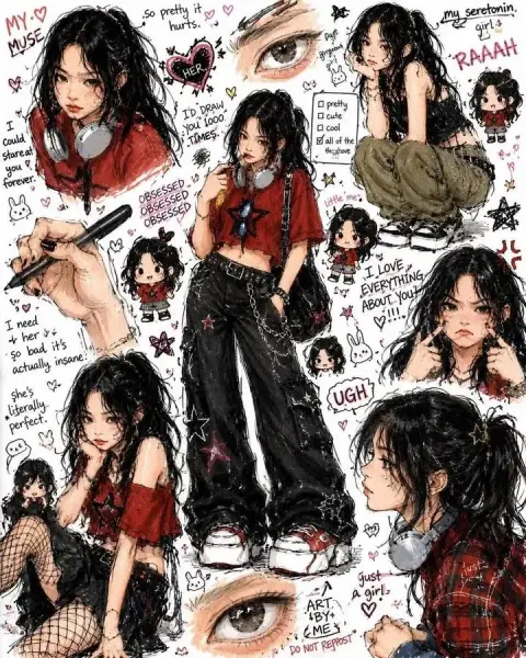 Messy black-haired Y2K girl anime graffiti character set set
