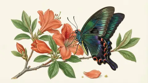 Microscopic dream of peacock butterfly and azalea
