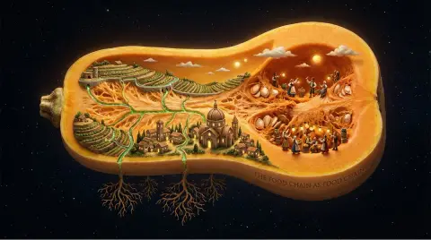 Microscopic farming civilization inside suspended fruits