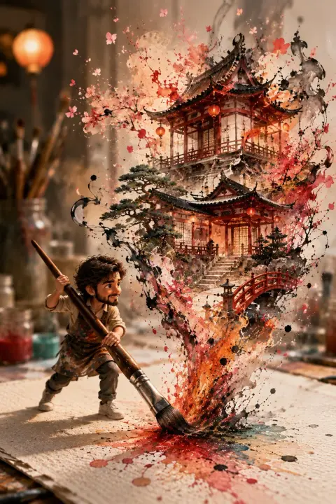 Miniature artist paints ancient oriental buildings