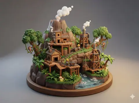 Miniature blind box in a volcanic mine surrounded by vines