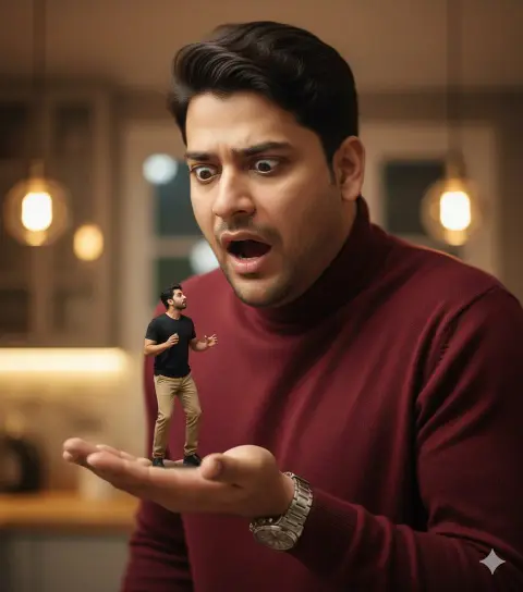 Miniature self-confrontation on the giant palm of surrealism