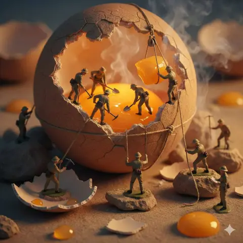 Miniature toy soldiers climb the glowing dome shell