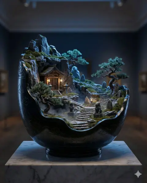 Miniature wonders of black jade ancient mountain at night