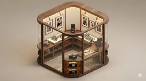 Minimalist 3D isometric perspective exhibition space miniature model