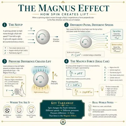 Minimalist academic style popular science illustration of Magnus effect