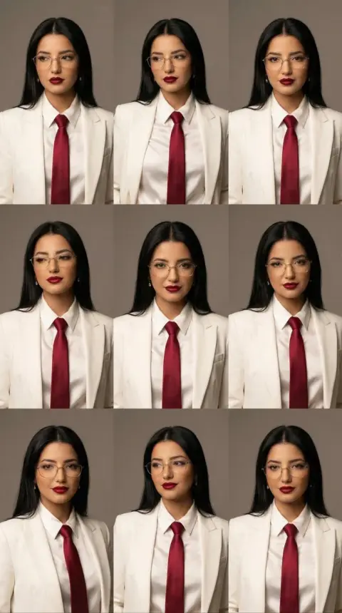 Minimalist and high-end portrait of a girl with gold glasses and red lips