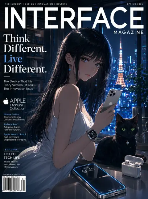 Minimalist Apple anime style magazine cover design