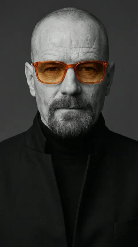 Minimalist black and white textured portrait with orange sunglasses