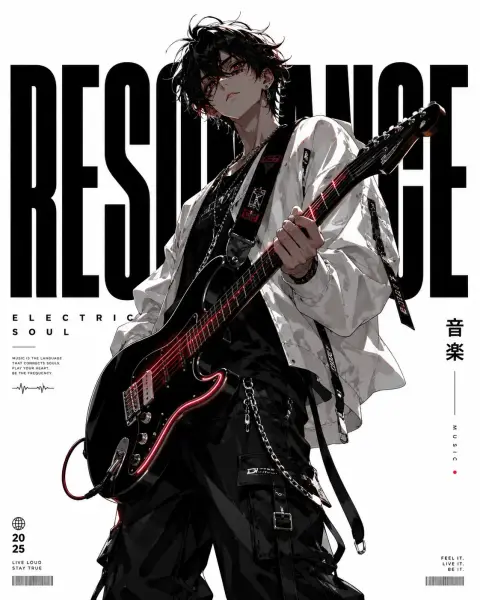Minimalist high-end anime guitarist trend poster