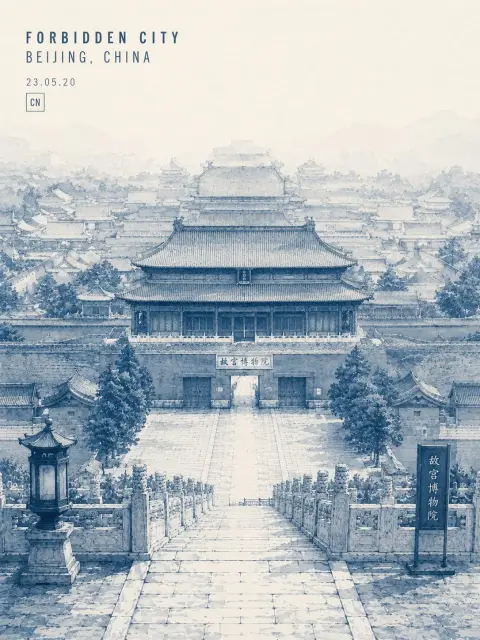 Minimalist indigo ink Great Wall travel poster illustration