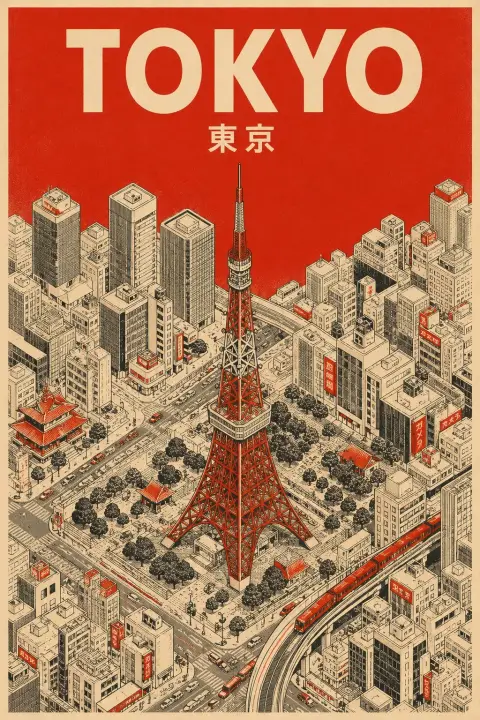 Minimalist mid-century isometric city travel poster