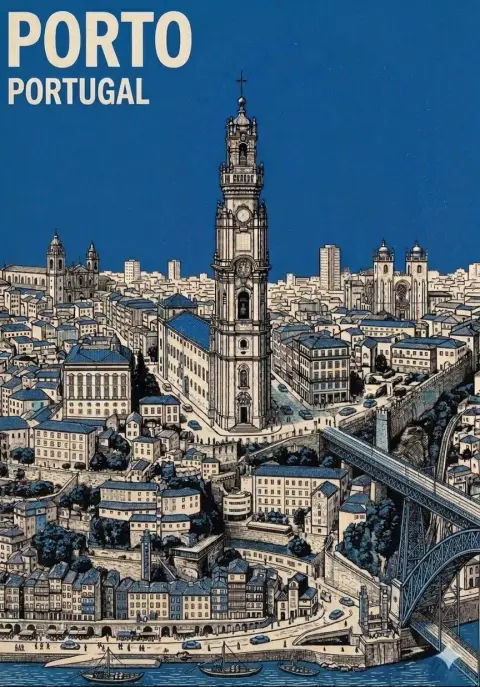 Minimalist mid-century modern aerial view city travel poster