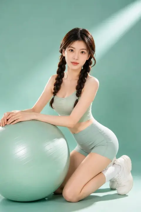 Minimalist mint green studio fitness fashion portrait