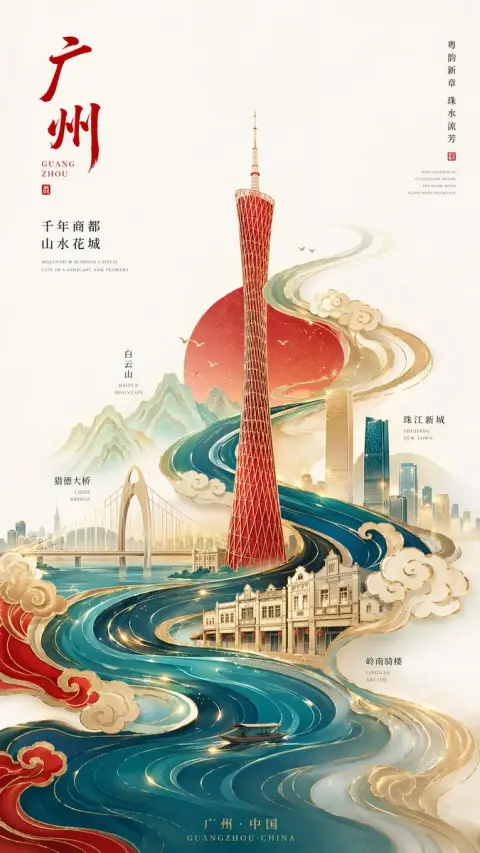 Minimalist national trend gilded Canton Tower poster