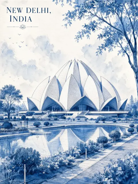 Minimalist retro monochrome watercolor Lotus Temple illustration in New Delhi