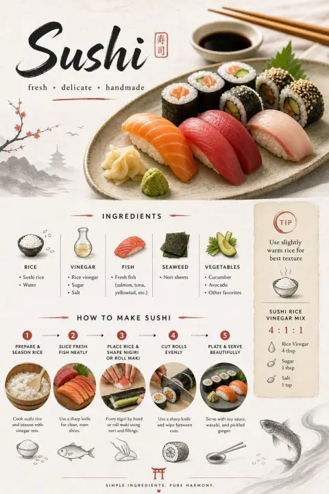 Minimalist style Japanese sushi recipe card