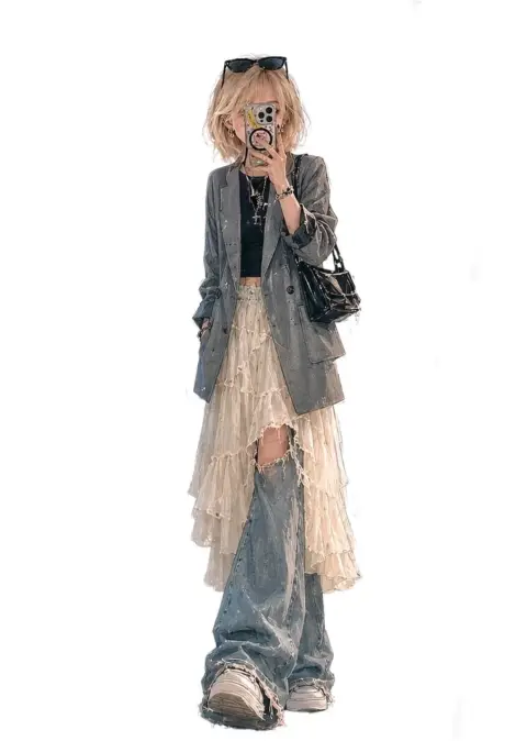 Minimalist white background anime fashion girl taking selfie in front of mirror
