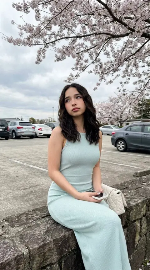 Mint blue girl under the cherry blossom tree in spring