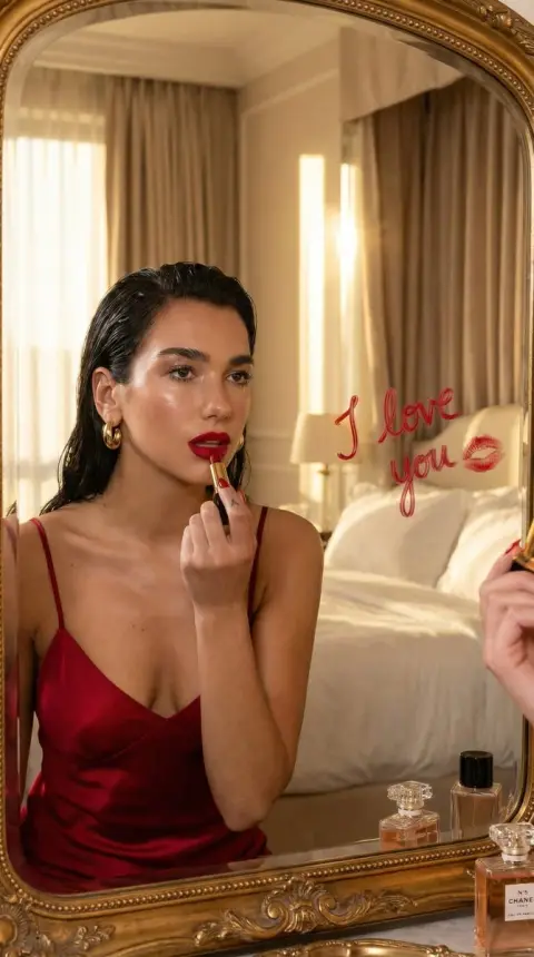 Mirror red lips write I love you, romantic and beautiful light and shadow