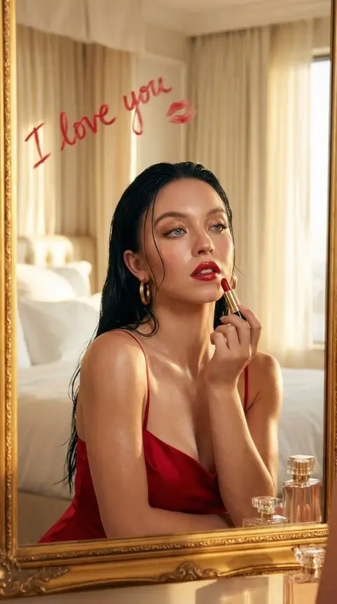 Mirrored red lips write love and luxurious light and shadow