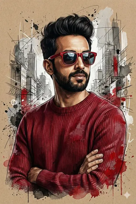 Mixed media of paper and painting: urban portrait of a man in red with a beard