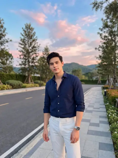 Modern fashion male model under the sunset