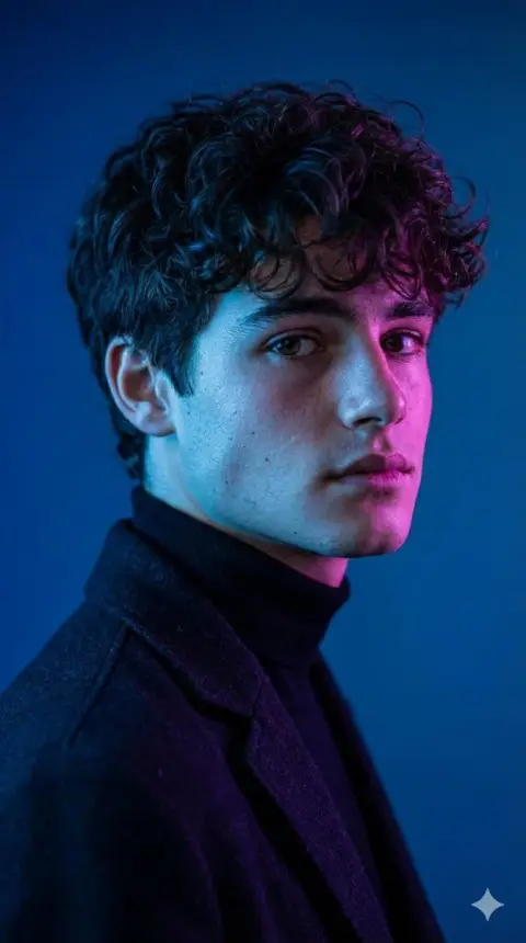 Modern fashion movie touching portrait under blue, magenta and red two-color light and shadow