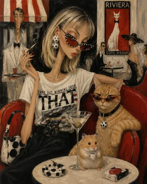 Modern girl and orange cat in sunglasses in Côte d'Azur cafe